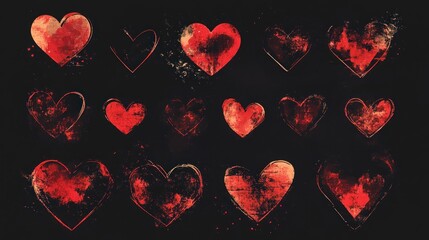 Red hearts with distressed texture on black background