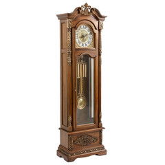 Ornate wooden grandfather clock with pendulum isolated on transparent background