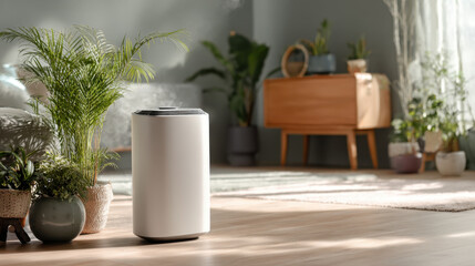 Air purifier standing on wooden floor surrounded by indoor plants and modern furniture in a cozy living room with natural light filtering through the windows