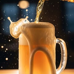 A close-up view of a beer mug overflowing with frothy, golden-hued beer, showcasing the vigorous pouring action and the delightful froth that explodes in a celebratory display.