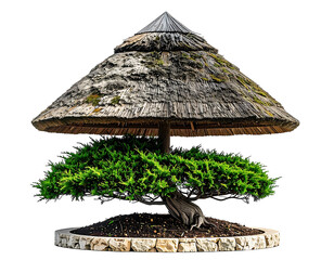 Cone-shaped thatched roof over bonsai