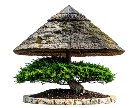 Cone-shaped thatched roof over bonsai
