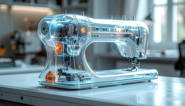 Transparent sewing machine in a modern workshop