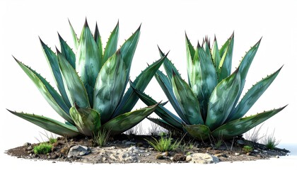 Two agave plants, vibrant green with spiky leaves, nestled in a small patch of brown earth and sparse grasses, set against a stark white background
