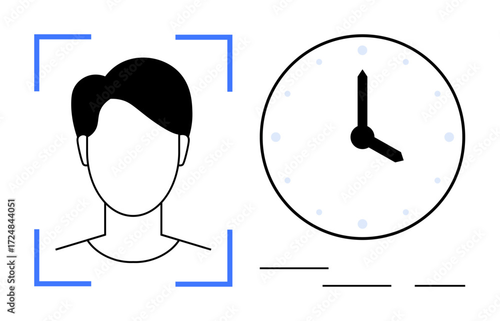 Aufkleber head silhouette with facial recognition frame paired with an analog clock. ideal for ai, machine lea