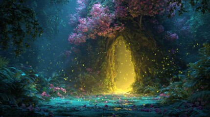 Enchanted forest clearing with luminous tree portal, bioluminescent plants, mystical atmosphere, ultra-detailed 3D render, dappled sunlight

