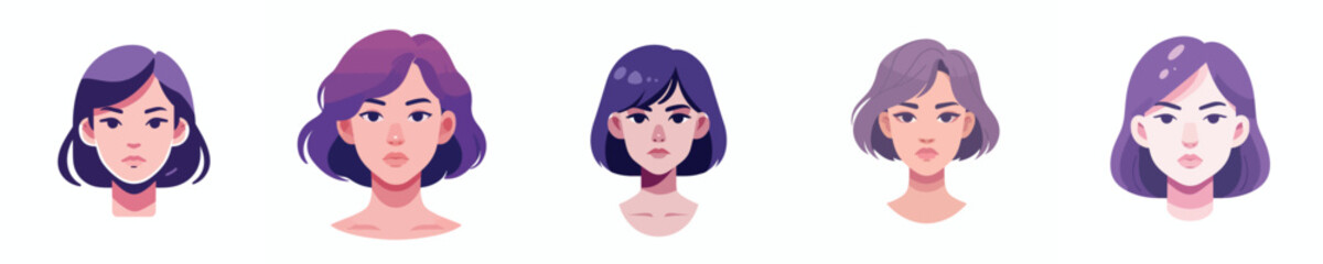 Vector Avatar of a woman's face with short purple hair, light skin, serious expression
