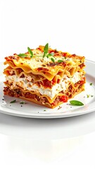 A delectable portion of lasagna, featuring layers of pasta, meat, cheese, and a rich tomato sauce, garnished with fresh herbs, sits on a white plate against a stark white backdrop