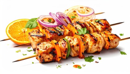 Grilled chicken skewers with orange, red onion, and bell pepper, garnished with parsley and a citrus slice, isolated on white
