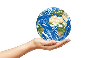 A detailed illustration of the world, delicately held within a hand, showcasing a hopeful and protective outlook.