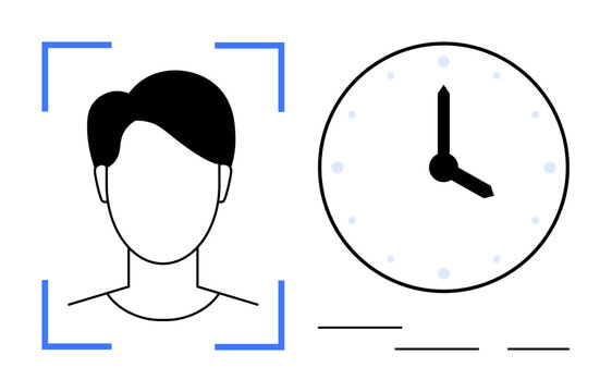 Head silhouette with facial recognition frame paired with an analog clock. Ideal for AI, machine learning, biometrics, employee attendance, time tracking, security, digital identity. Simple flat