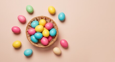Obraz premium A top view of a wicker basket filled with bright multicolored eggs, surrounded by scattered eggs on a pastel background, festive and cheerful decoration.