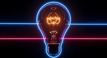 A glowing incandescent light bulb, outlined in vibrant neon colors, symbolizes innovation and bright ideas against a dark background.