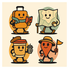 Travel Mascot Set — Suitcase, Paper Map, Coffee Cup and Location Pin Characters, Cute Vector Bundle