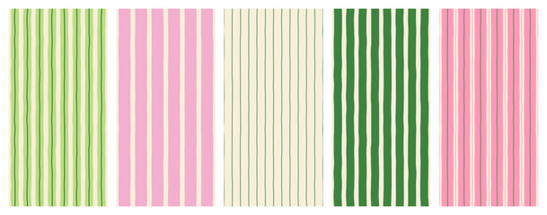 Set of seamless modern minimalist vertical summer colorful patterns with thin and thick stripes on a light background; green and pink colors; hand-drawn vector illustrations, drawing, flat style