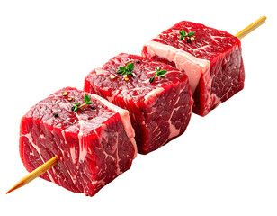 Raw beef cubes on skewers