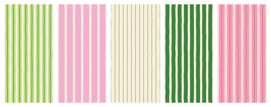 Set of seamless modern minimalist vertical summer colorful patterns with thin and thick stripes on a light background; green and pink colors; hand-drawn vector illustrations, drawing, flat style