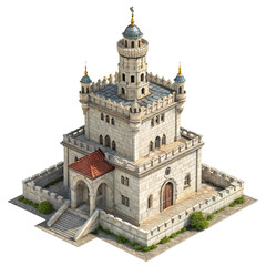 Fototapeta premium Medieval stone castle with a red tiled roof isolated on transparent background