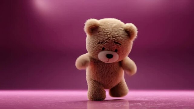 Dancing Fluffy Teddy Bear Against Pink Background with Playful Movements and Dynamic Lighting Creating an Energetic and Animated Display