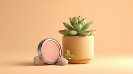 Pink cosmetic balm with a succulent plant on a beige background