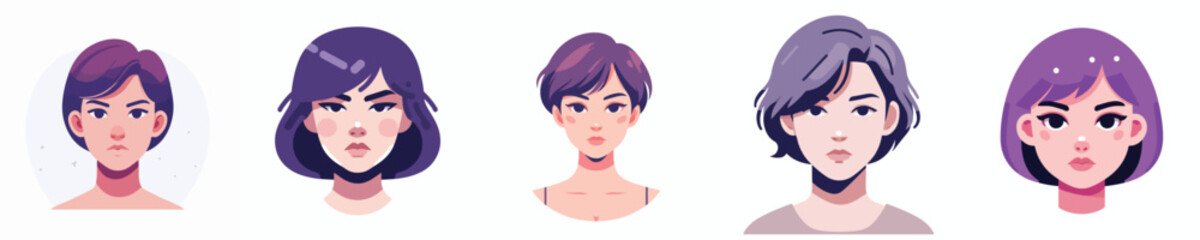 Vector Avatar of a woman's face with short purple hair, light skin, serious expression