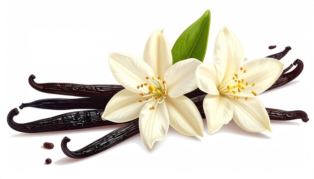 Dark brown vanilla beans with two creamy white blossoms and a single green leaf, isolated on white background, showcasing a close-up detailed view of the plant