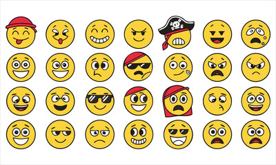 Collection of cartoon smiley faces with various emotions and expressions
