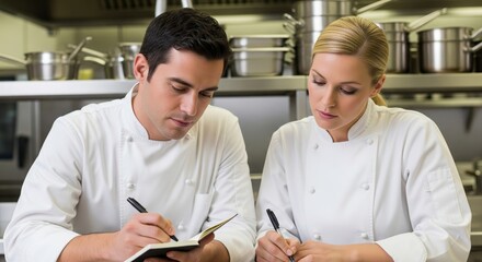 Chefs Writing Notes in Professional Kitchen