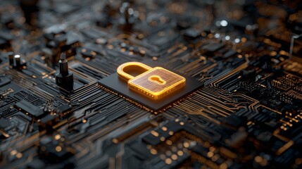 Glowing digital padlock secures futuristic circuit board, symbolizing advanced data protection and cybersecurity innovation
