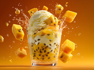 Mango passion fruit ice cream in a clear cup mang