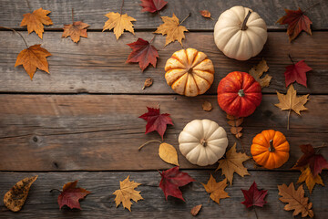 Autumn harvest of small decorative pumpkins and colorful fall leaves scattered on a rustic weathered wooden surface for seasonal decoration