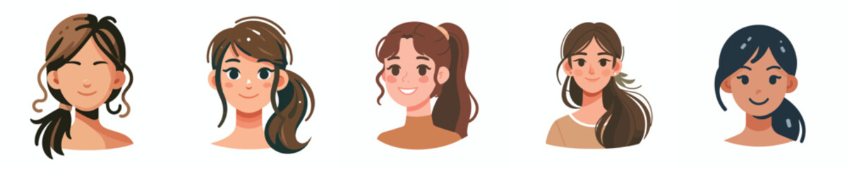 Vector Avatar of a young woman's face with ponytail, tanned skin, cheerful expression
