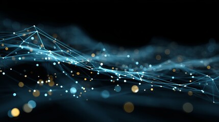 Dynamic abstract network of glowing nodes and lines creates a stunning digital data flow visualization in dark space