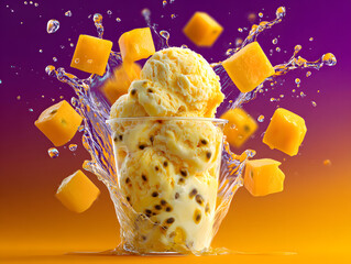 Mango passion fruit ice cream in a clear cup mang