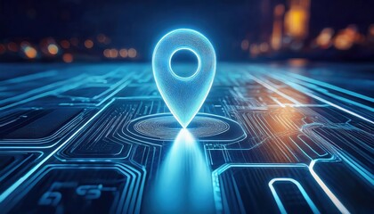 Geo locate and navigation concept featuring a glowing pinpoint icon on a digital screen with a hyper realistic design