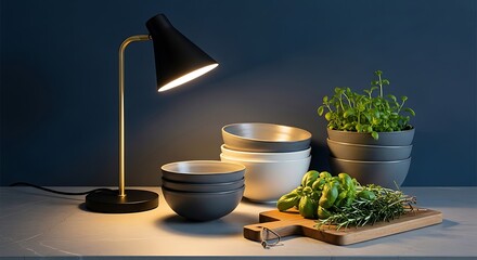A modern desk lamp illuminates a kitchen countertop, showcasing a stack of bowls and herbs in planters.