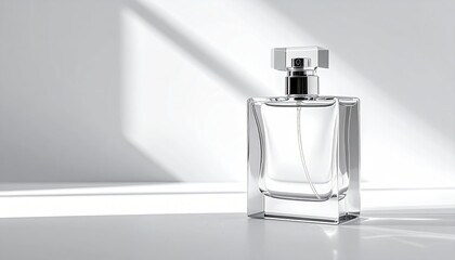 A clear glass perfume bottle with a silver cap sits on a white surface, illuminated by bright, angled sunlight