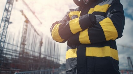 upper. Construction professional in safety gear, representing modern development and industry. safety posters, maintenance manuals, designed for precision metalworking and fabrication facilities.