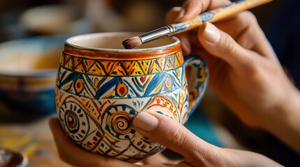 Woman Artist Painting Colorful Ornamental Mug with Brush in Pottery Workshop
