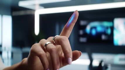 Finger Touching Virtual Screen with Biometric Scan and Glowing START Button - Futuristic Technology Interface - Powered by Adobe