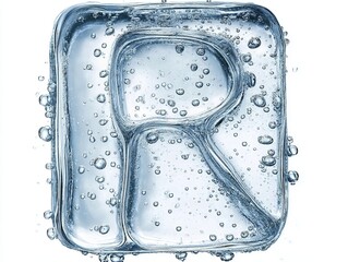 A translucent, water-filled letter 'R' with bubbles and a glossy surface, set against a white background.