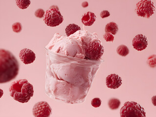 Minimalist product ad raspberry ice cream in a cl
