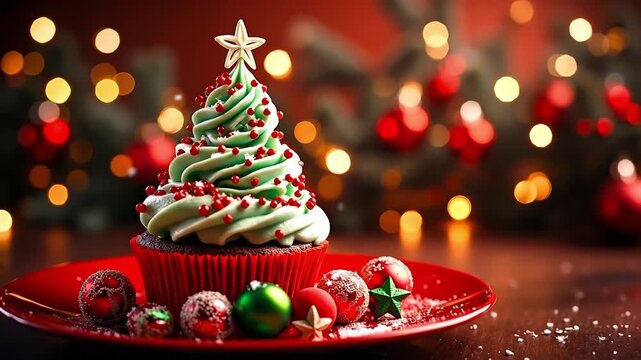 A cupcake decorated with a christmas tree on a red plate