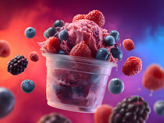 Mixed berry ice cream in a transparent cup raspbe