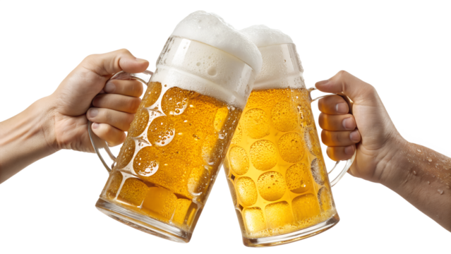 Two hands toasting with beer mugs isolated on a white background