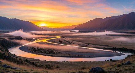 Fototapeta premium Tranquil Mountain Sunrise Panorama with River Winding Through Valley