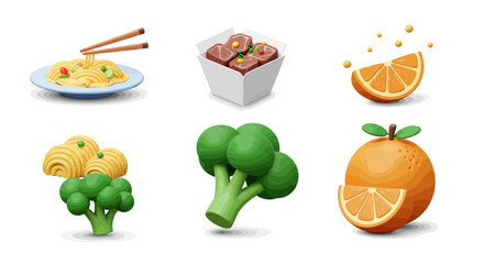 3D rendered image of various food items including noodles, beef, oranges, and broccoli.