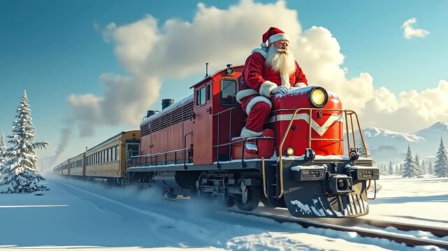 A santa claus riding on the back of a red train in the snow