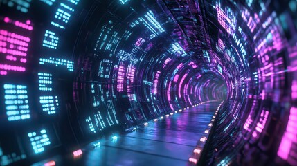 Abstract futuristic tunnel with neon lights and digital data stream for technology background