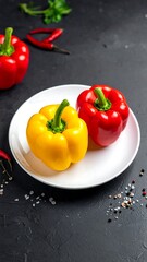 Two bell peppers, yellow and red, on a white plate, surrounded by spices and herbs on a dark surface
